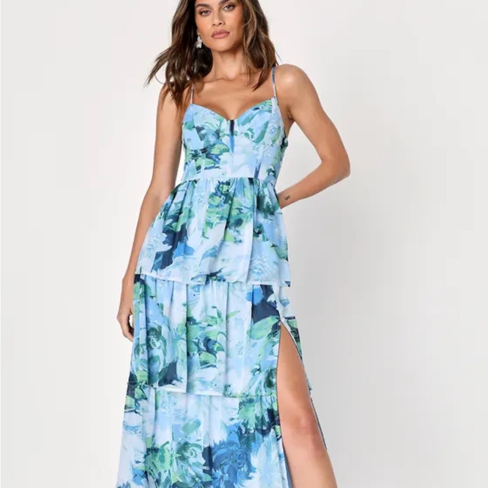 Beautiful Vibes Light Blue Floral Bustier Tiered Midi Dress